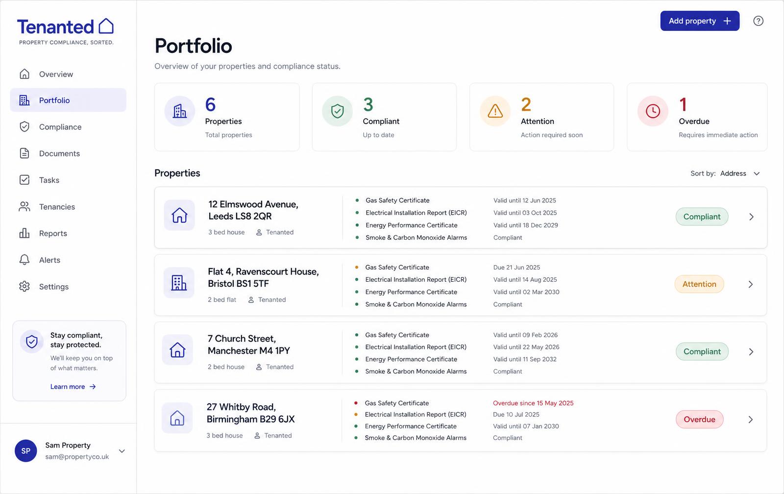 Tenanted portfolio dashboard showing sample properties with green, amber and red compliance status pills