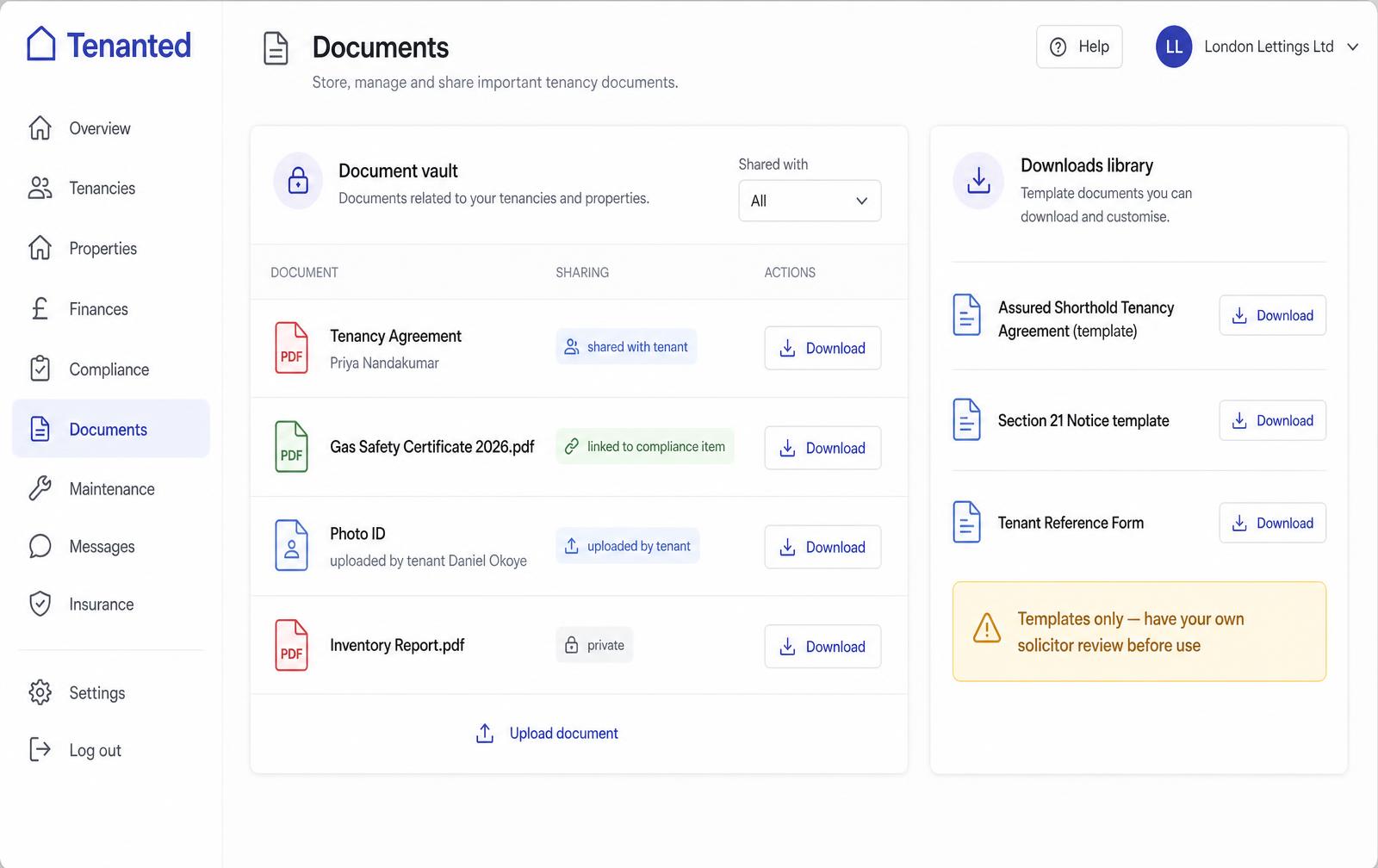 Tenanted documents area showing a document vault with sharing controls and a downloads library of templates